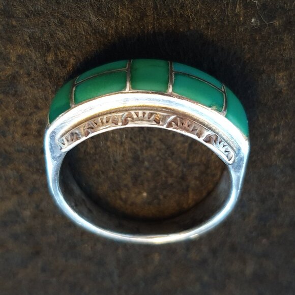 Stunning Vintage Native American Navajo Genuine Turquoise Inlaid Sterling Ring - Picture 3 of 14